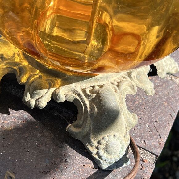 Vtg Mid Century Optical Amber Glass & Brass Hollywood Table lamp Big - Picture 12 of 16